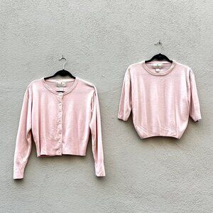 Vintage 90s Woman's Express Tricot Pastel Pink Cardigan Sweater Set Medium